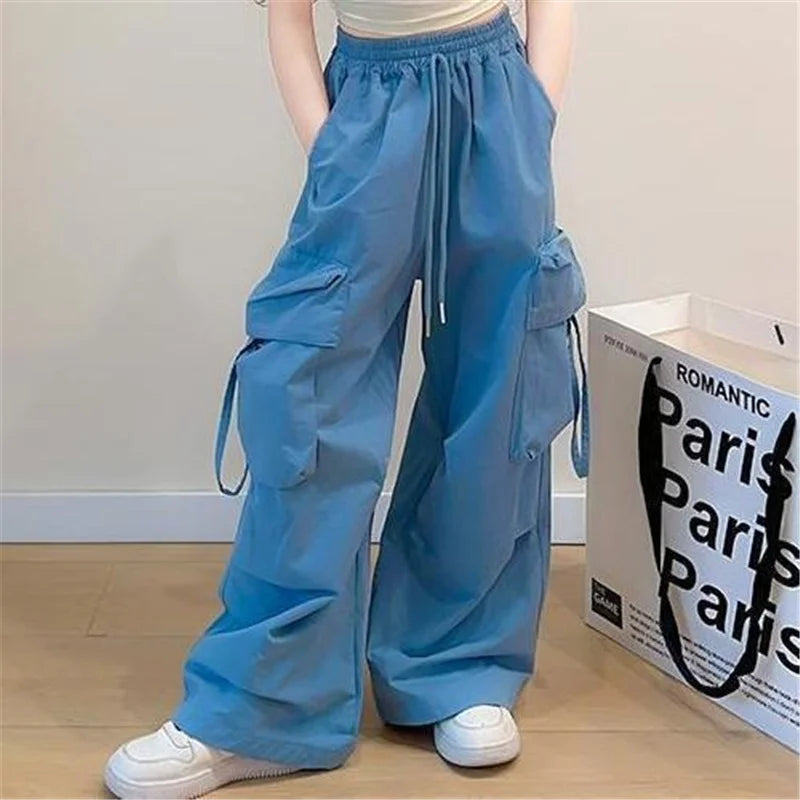 Girls' cargo pants, straight-leg spring pants with pockets, fashionable loose-fitting pants for teenagers aged 5 to 14