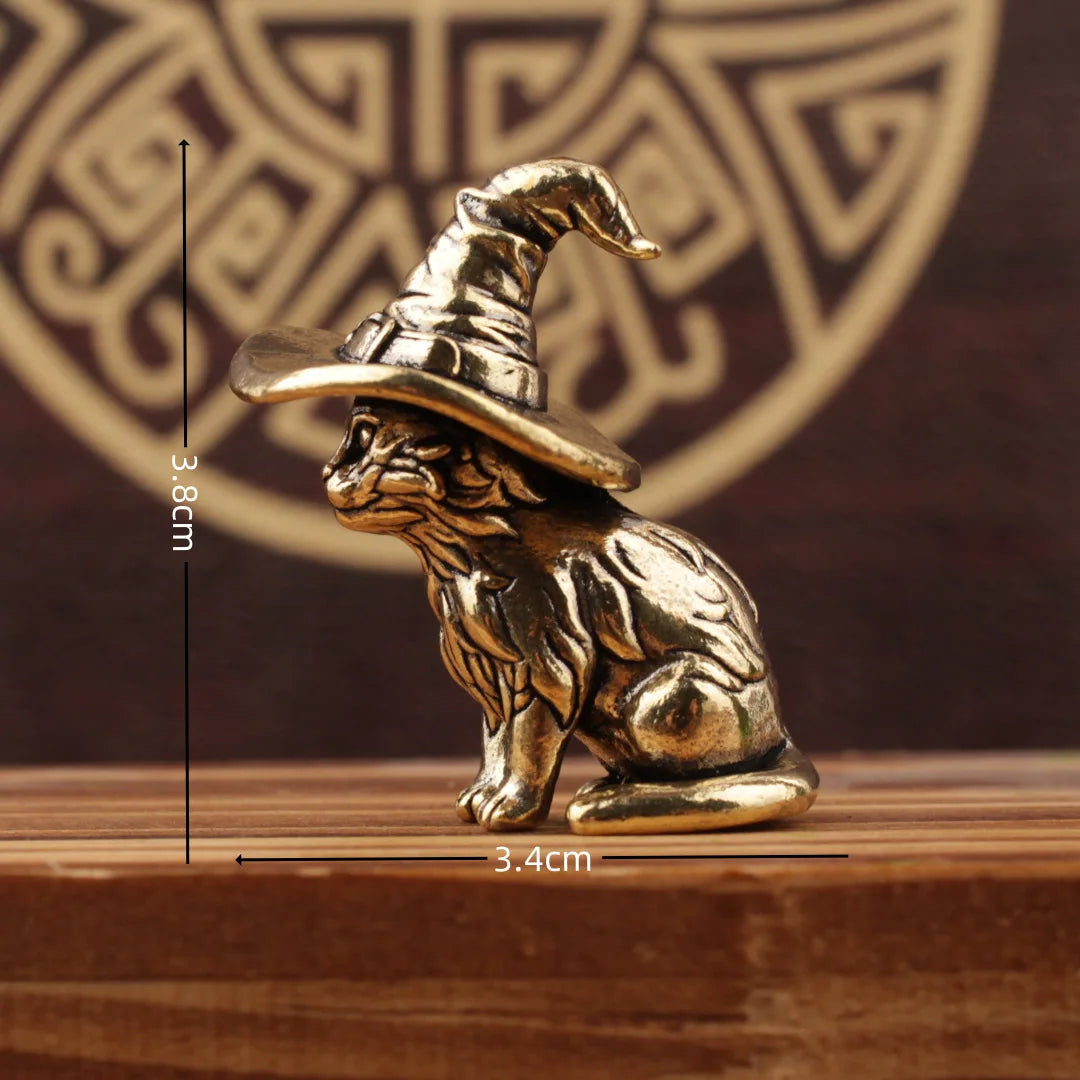 Small Cute Wizard Cat Statue, Small Creative Solid Brass Statue, Child Animal, Kitten, Miniature Figurine, Retro Ornaments, Home Decorations