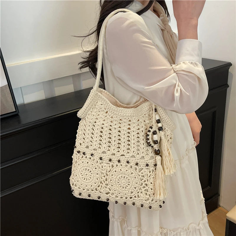 Sac à main tissé de grande capacité, sac à bandoulière ajouré, fourre-tout en Crochet, fourre-tout bohème tissé pour femmes, sacs de Shopping tricotés