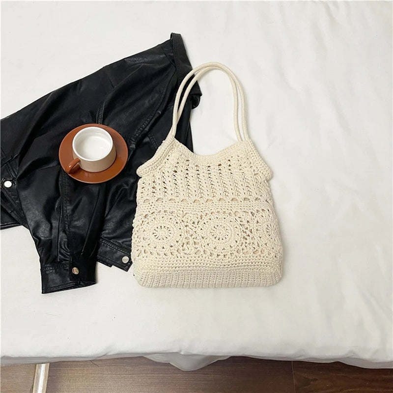Sac à main tissé de grande capacité, sac à bandoulière ajouré, fourre-tout en Crochet, fourre-tout bohème tissé pour femmes, sacs de Shopping tricotés