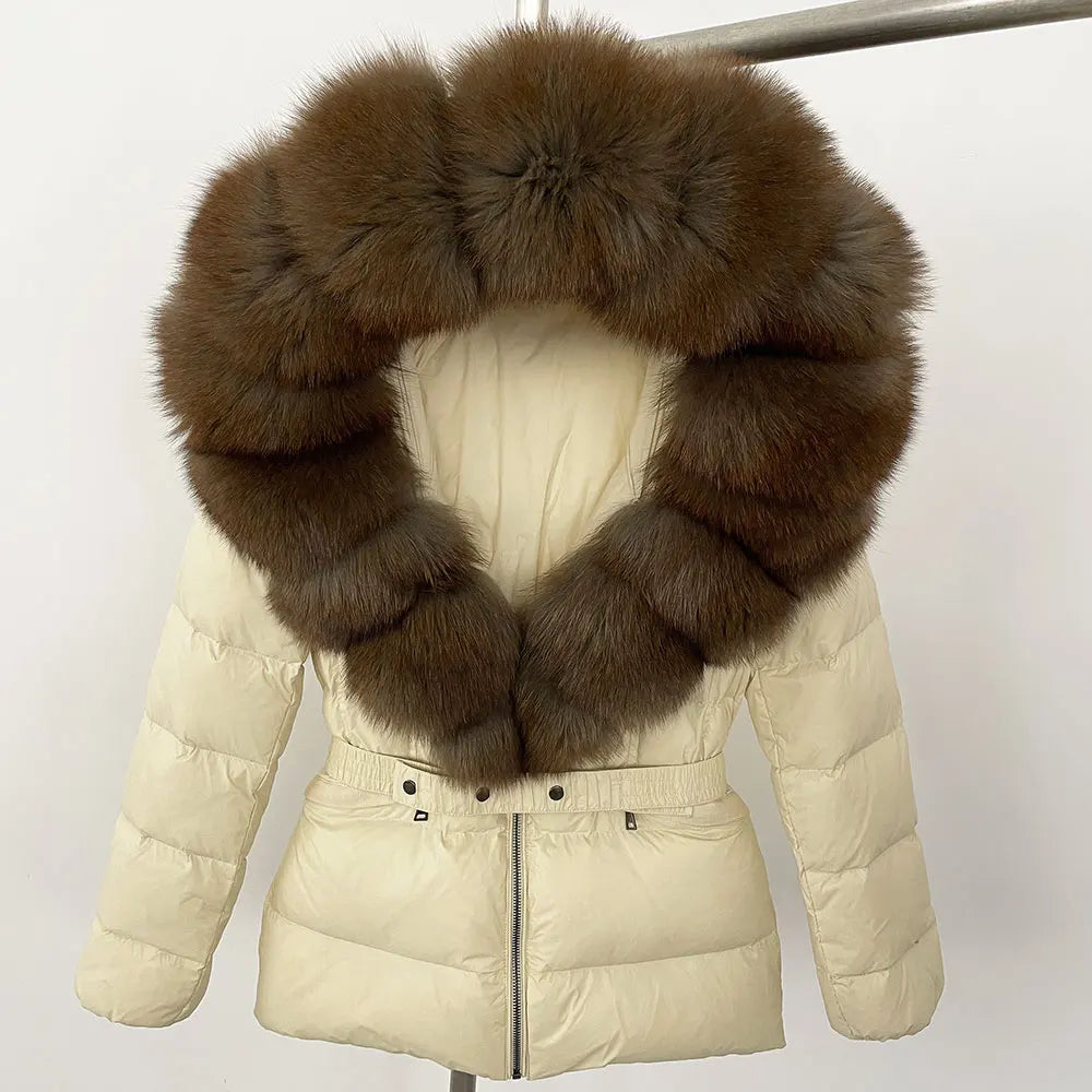 OFTBUY 2024 veste d'hiver femmes naturel réel raton laveur col de fourrure de renard à capuche blanc canard vers le bas manteau ceinture épais chaud vêtements d'extérieur décontractés
