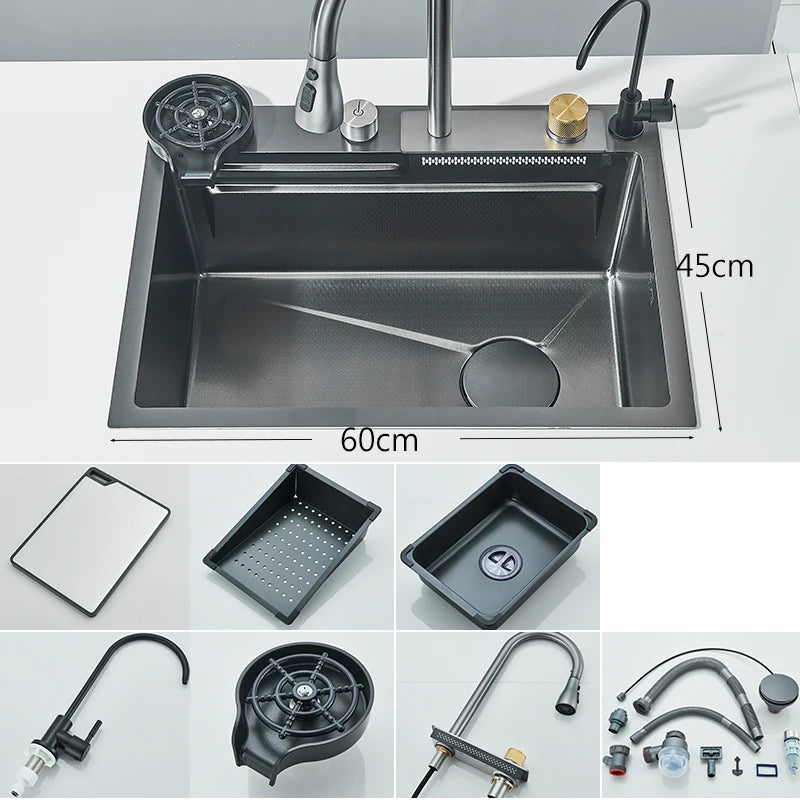 Évier de cuisine cascade en acier inoxydable 304, grand fente unique intégrée, ensemble de robinets 60x45cm, distributeur de savon/eau Pure/laveuse de tasses