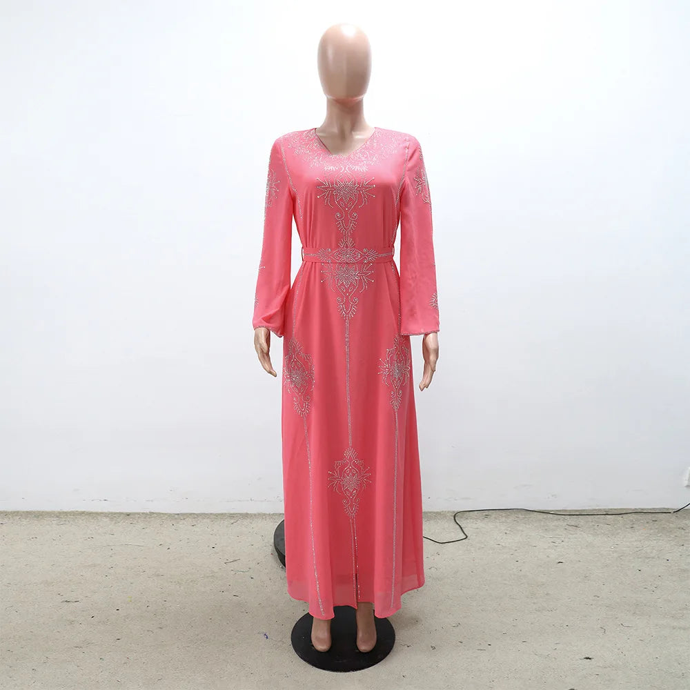 Eid Jalabiya - Women's Muslim Evening Dress, Diamond Lace-Up Arabic Abayas, Long Dresses, Elegant Dress, Educational Dress for Ramadan