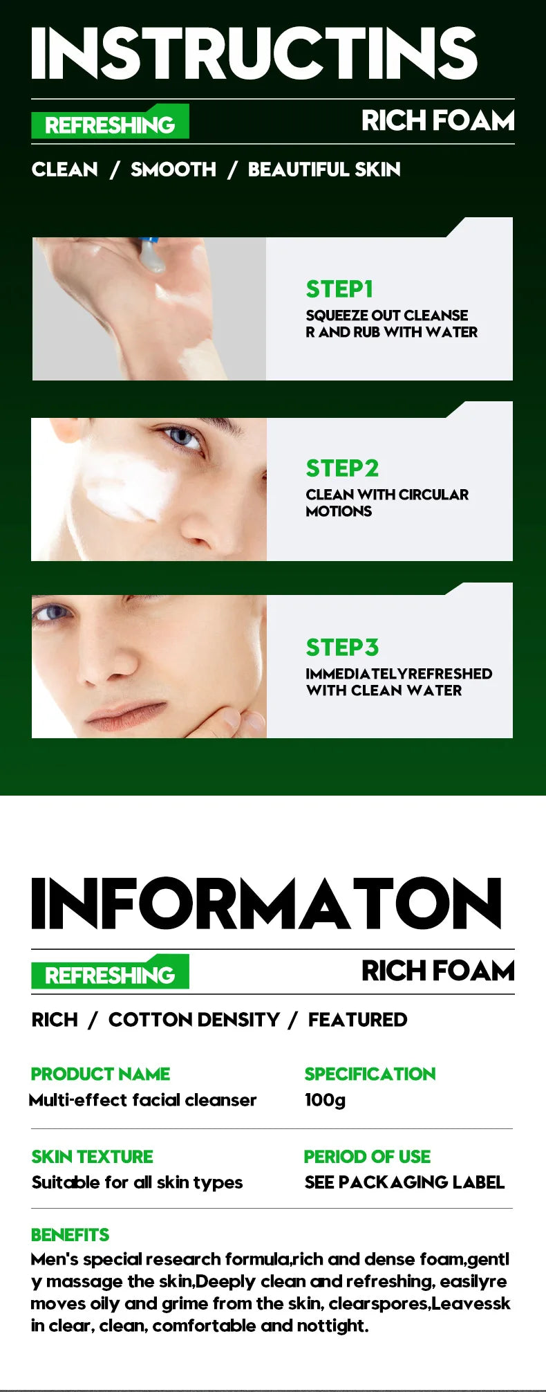 Nettoyant pour le visage frais parfum rafraîchissant nettoyage en profondeur hydratant raffermissant des pores nettoyant pour le visage pour hommes