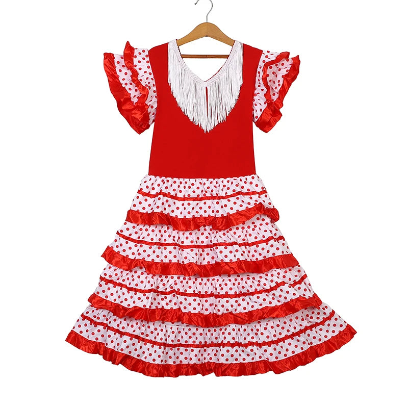 Robe de danse traditionnelle espagnole pour filles, robe de Festival à pois avec pompon, quatre couleurs, jupe classique de Style Flamengo gitane pour enfants