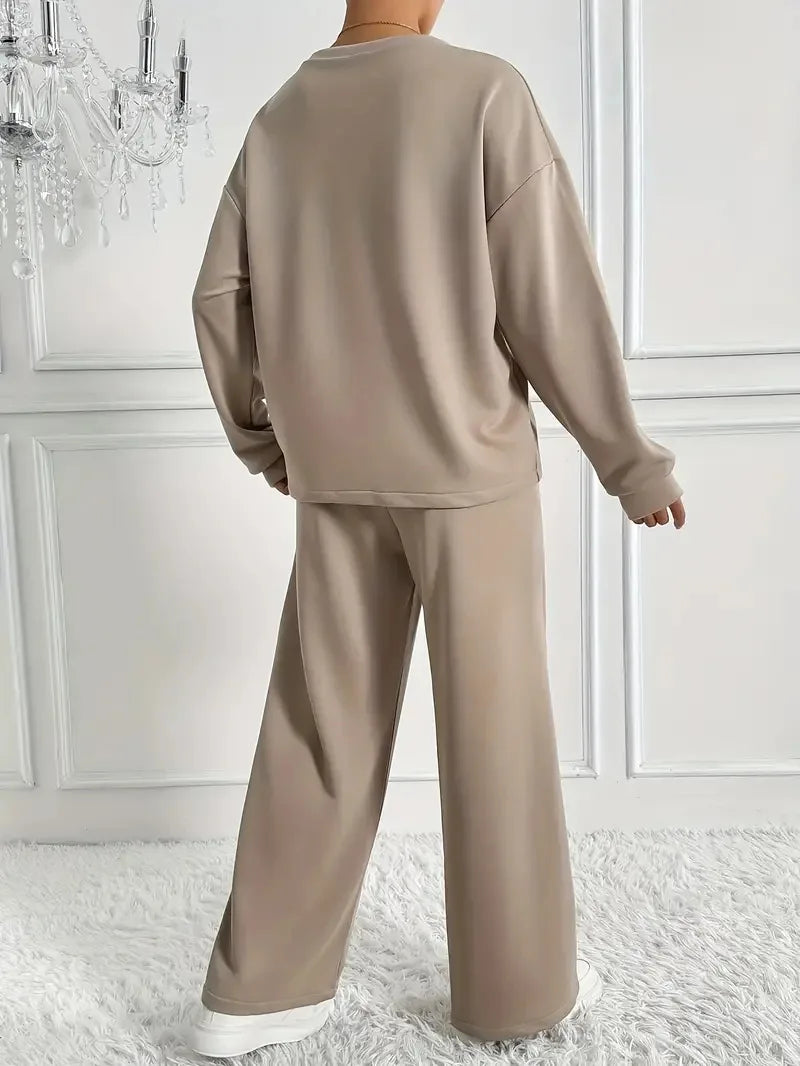 Ensemble deux pièces pour femmes, décontracté, col rond, manches longues, sweat-shirt, pantalon à jambes larges, costumes automne hiver, mode dames, tenue de bureau