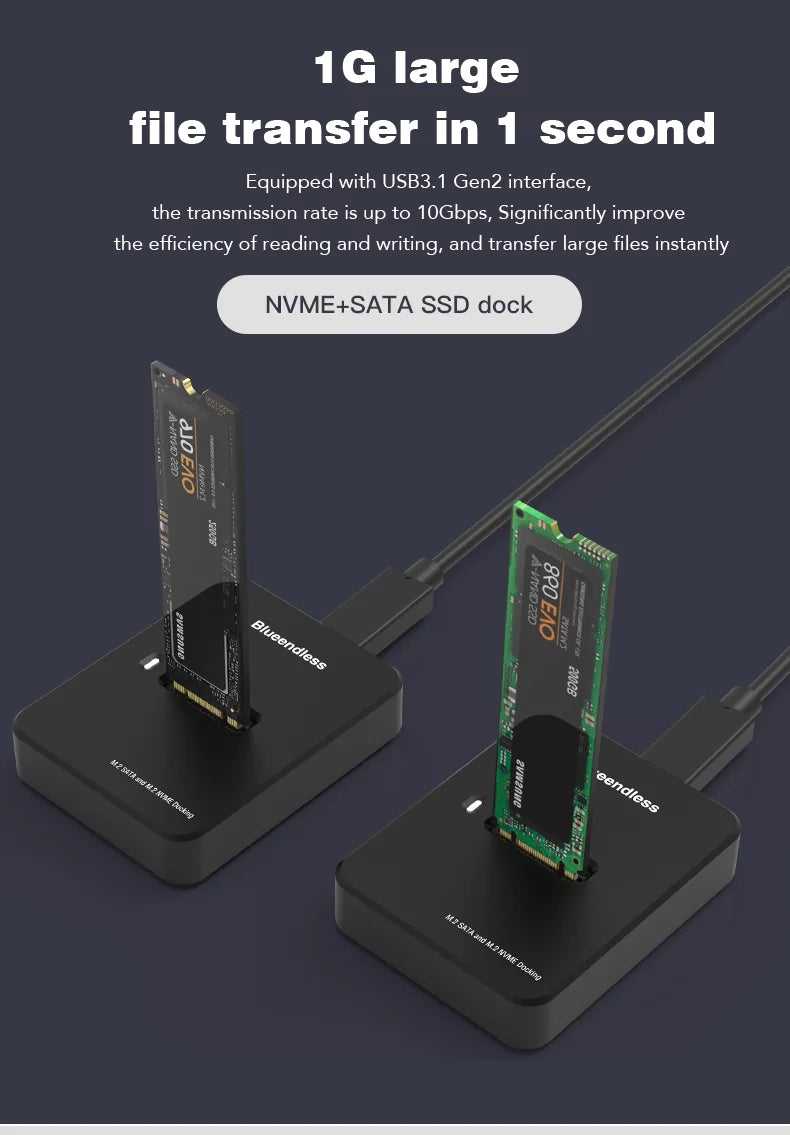 10Gbps M.2 NVMe/SATA SSD Enclosure, External Read and Write Docking Station for PC, 4TB Dual Protocol Solid State Adapter