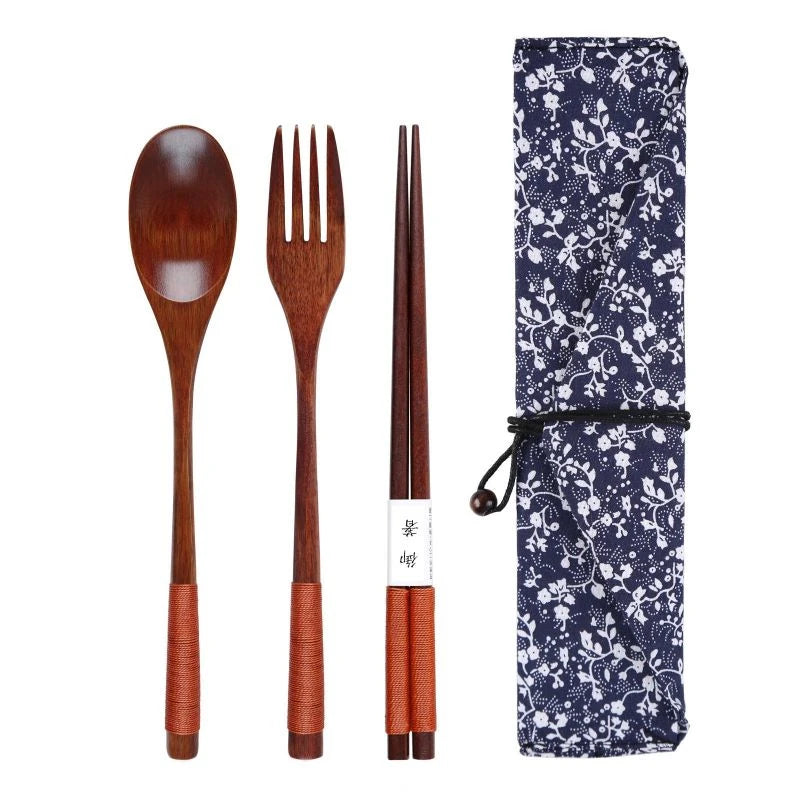 Ensemble de vaisselle en bois cuillère fourchette baguettes avec sac en tissu ensemble de couverts en bois vaisselle couverts fournitures ménagères portables