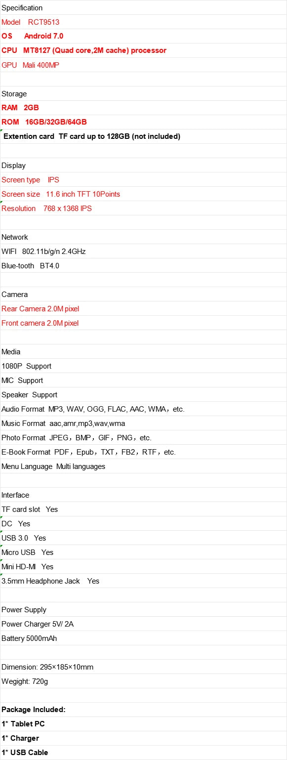 2025 offres spéciales 11.6 pouces tablette 2GB RAM 64GB ROM Android 7.0 MT8127 Quad Core CPU 768x1368 IPS 5000mAh batterie Port HDMI