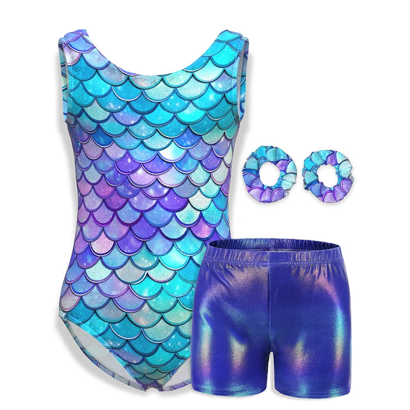 Justaucorps de gymnastique pour filles, vêtements de danse pour enfants avec short assorti, bandeau pour enfants