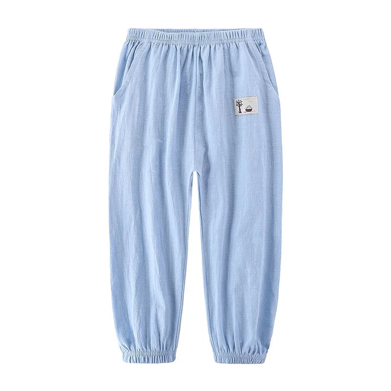 Pantalons pour enfants pour garçons et filles, en coton et lin, taille élastique, couleur unie, pantalons moustiques d'été, vêtements pour enfants, pantalons longs 100-160cm