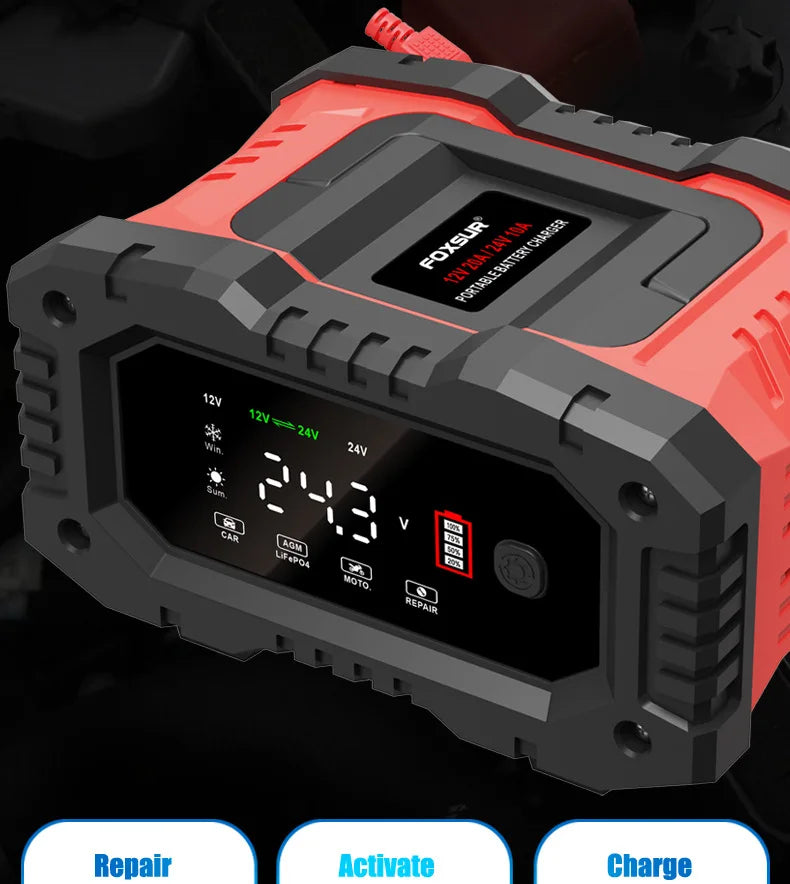Chargeur de batterie intelligent pour voiture et moto, chargeurs de batterie au lithium, AGM GEL, plomb-acide, veFePO4, 20A, 10A, 12V, 24V