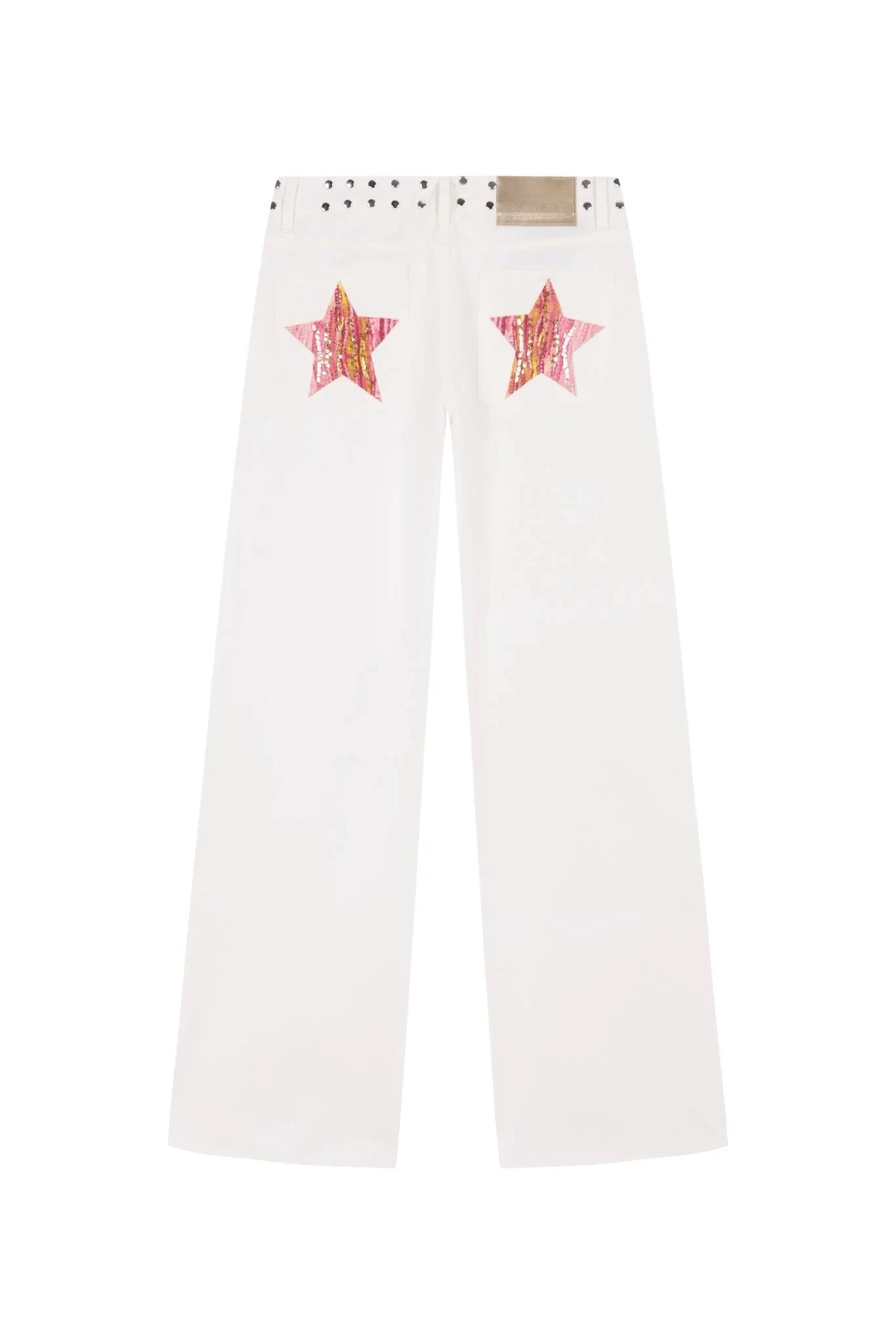 Spanish street fashion ONE DILEMMA Style Rivet five-pointed star pattern white jeans women's autumn straight slim pants