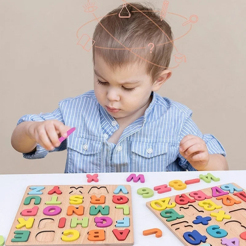 Puzzle en bois en forme de chiffres et de l'alphabet, planche assortie pour bébé, apprentissage précoce, Puzzle 3D, jouets éducatifs préscolaires pour enfants