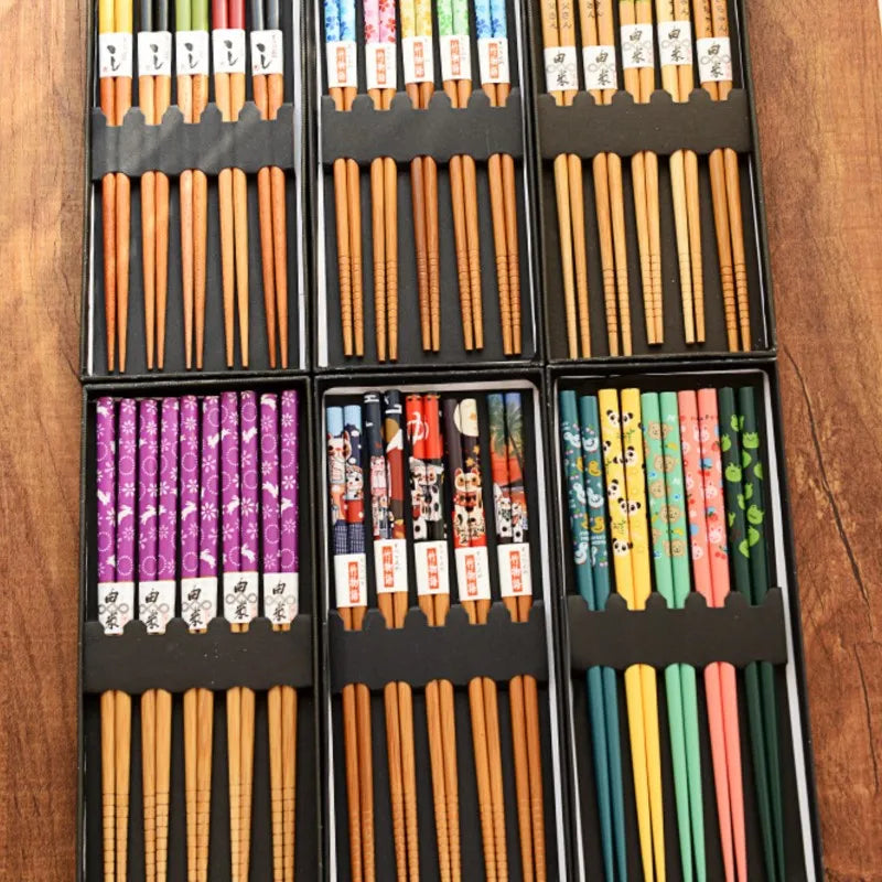 Ensemble de baguettes en bambou antidérapantes, 5 paires, vaisselle japonaise en bois naturel, nourriture pour Sushi, ensemble de baguettes longues multicolores pour la maison