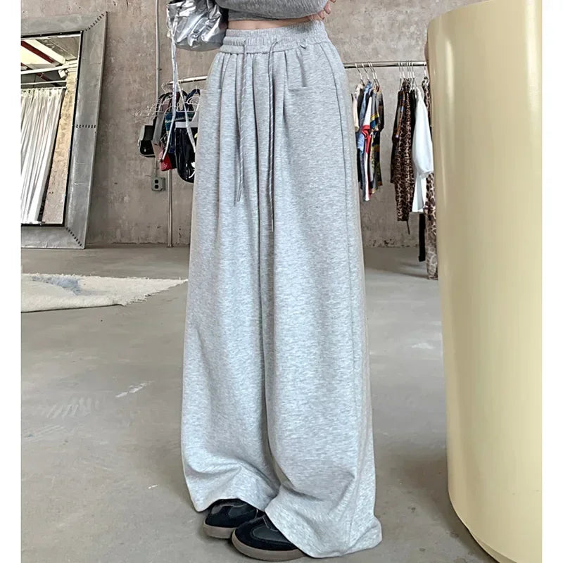 Women's High-Waisted Wide-Leg Pants, Chic, Grey, Navy Blue, Korean Style, Versatile, Drawstring, Wide Legs, Baggy, Autumn