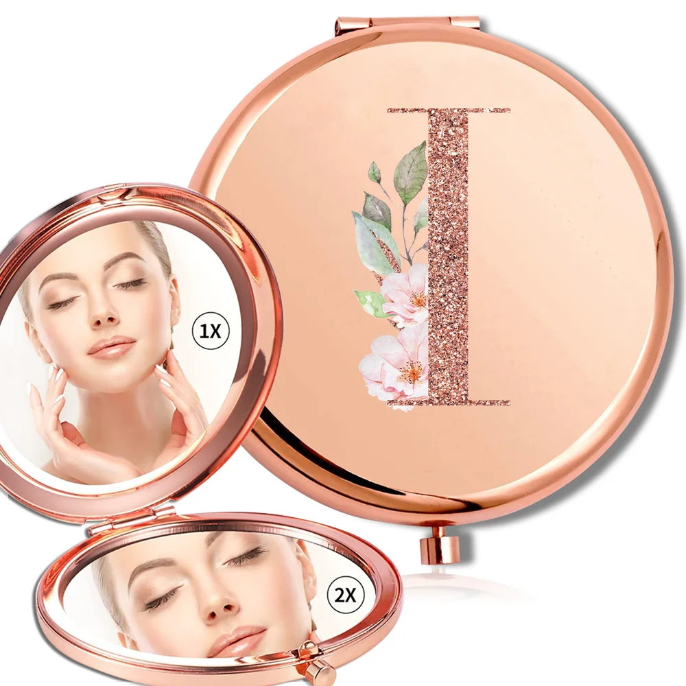 Miroir rond de maquillage grossissant Double face en métal, cosmétique, aspect Portable, verre, Compact, motif de lettres en or Rose