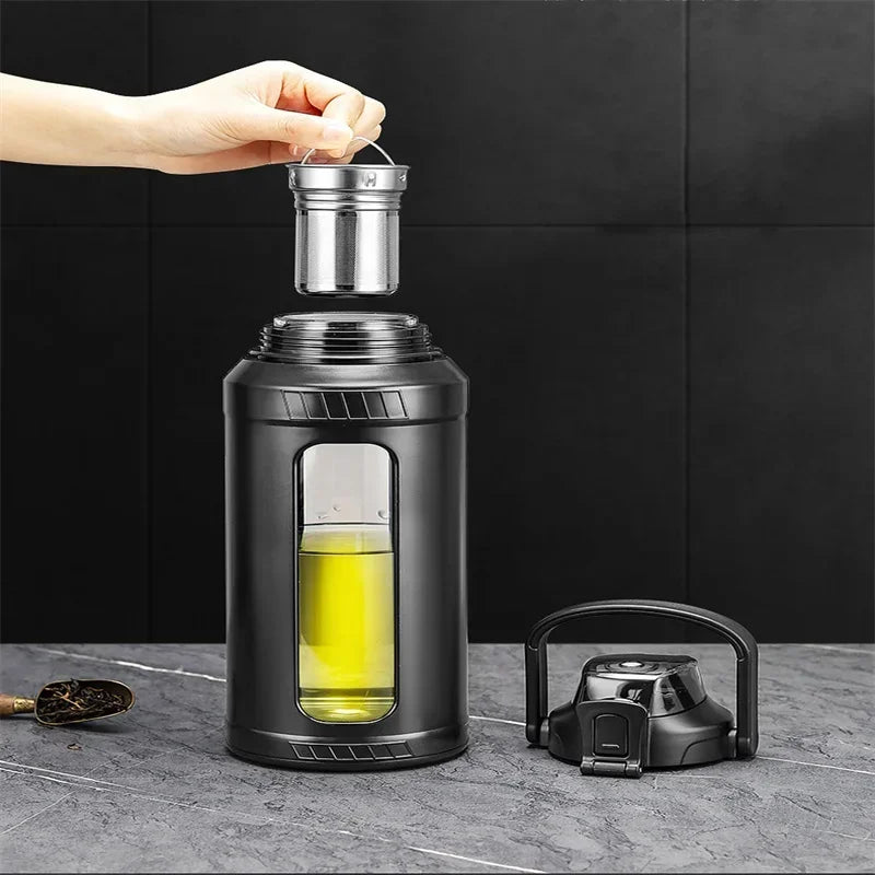 Large capacity 2L glass water bottle with removable straw, high borosilicate glass water bottle with carrying handle for gym
