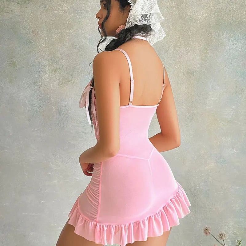 Belle robe de nuit semi-transparente élégante pour femmes, ensemble de chemise de nuit tanga, col en v, sans manches, dos nu, vêtements de nuit, soutien-gorge Sexy, Lingerie