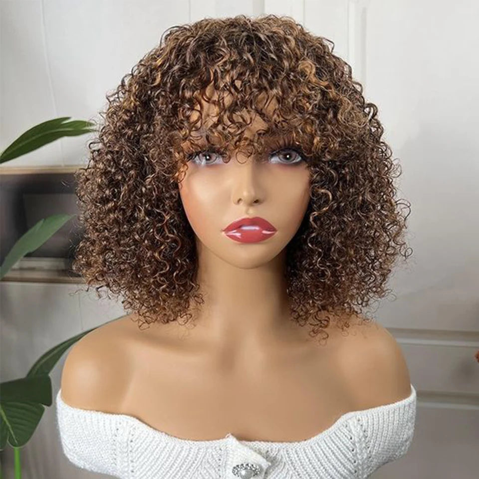 Perruques de cheveux humains Pixie Cut Bob avec frange pour femme, perruque pleine machine bouclée, surbrillance, couleur blond miel, court, caution
