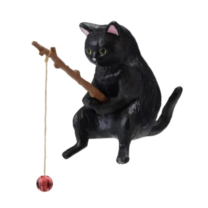Fish-inspired fishing cat ornaments, mini resin figurine, cartoon cat statue for home office aquarium decoration