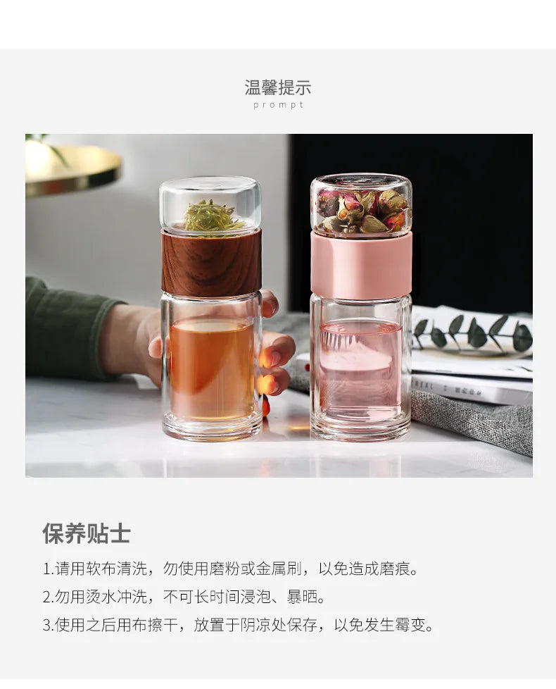 Bouteille d'eau en verre double de haute qualité avec étui, bouteille de clics de thé, infuseur, gobelet, verres, bouteille d'eau écologique