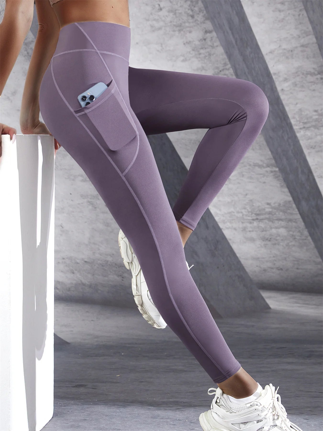 Leggings à poches latérales de couleur unie pour femmes, vêtements de sport taille haute, pantalons de Yoga, Push Up, Fitness
