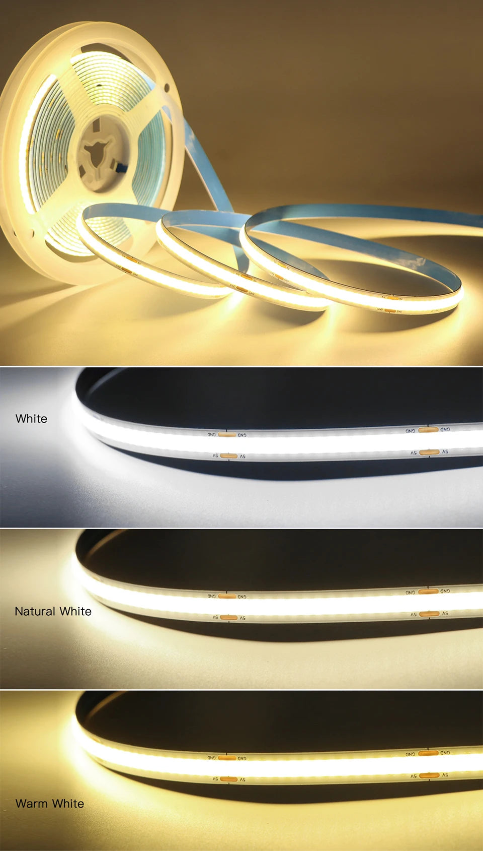 5V USB COB LED strip light, with manual scanning motion sensor and touch dimming switch, 1M-5M LED strip light, kitchen and bedroom lighting