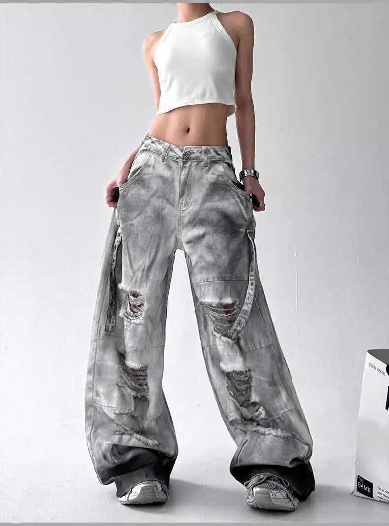 Femmes jean pantalon américain haute rue déchiré droit jambe large jean pour femmes conception cravate-teinture Jazz danse Cargo pleine mince jean