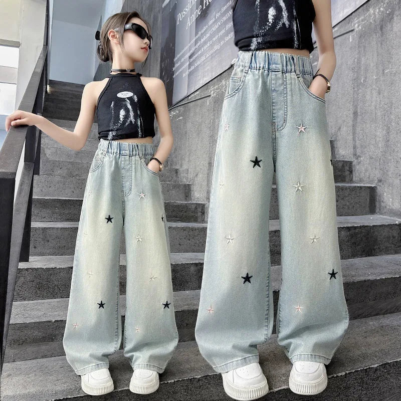 Five-pointed star embroidered jeans for girls aged 3 to 12, stylish wide-leg denim trousers, new spring/autumn collection