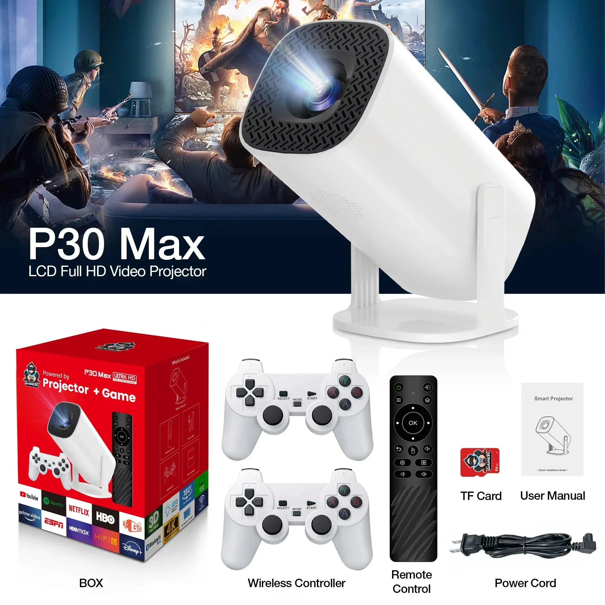 Projecteur de jeu 3D P30MAX, Console de jeu vidéo rétro, contrôleur sans fil 4K ULTRA HD, plug and play, Android11 BT5.0, cinéma maison 720P