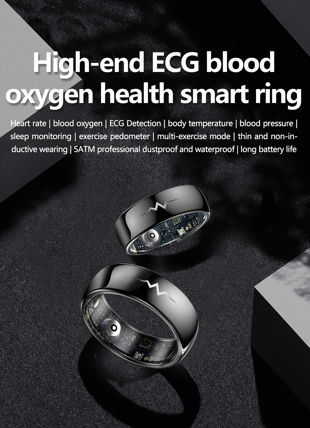 Haut de gamme ECG sang oxygène santé anneau intelligent fréquence cardiaque pression artérielle moniteur de sommeil anneaux 5ATM étanche plusieurs Modes de Sport