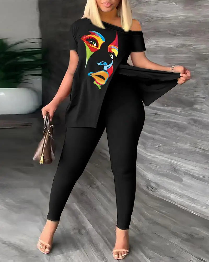 Women's Printed 2 Piece Set, Irregular Slanted Collar Split Top Short Sleeve Long Pants Colorful Outfit Fashion Women Pant Suit