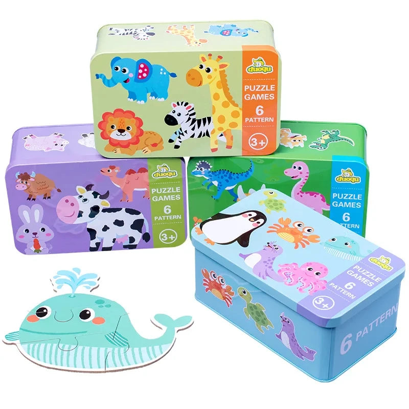 Puzzle en bois pour bébé jouets Montessori dos boîte en fer pour enfants de 2 3 et 4 ans