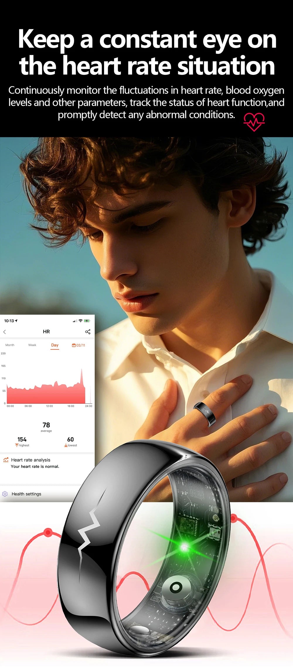 Haut de gamme ECG sang oxygène santé anneau intelligent fréquence cardiaque pression artérielle moniteur de sommeil anneaux 5ATM étanche plusieurs Modes de Sport