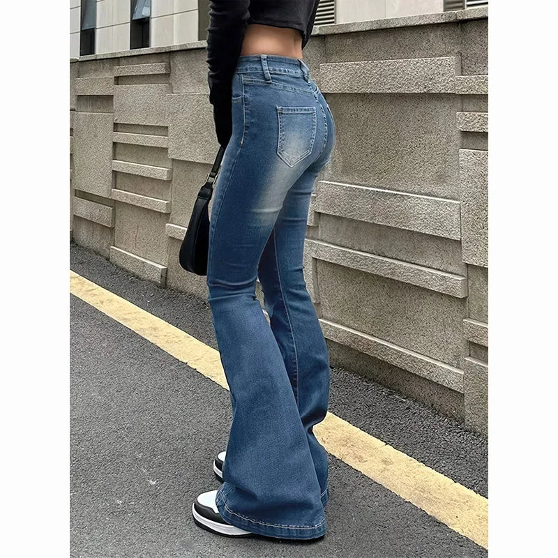 Girls' high-waisted flared jeans, stretch denim pants, bootcut fit, solid color, narrow bell leg, 2025