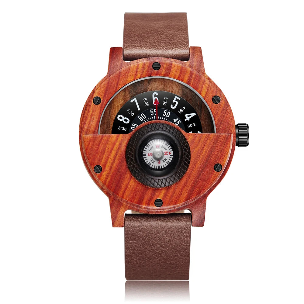 Montre en bois naturel pour hommes, Table rotative, cadran boussole, véritable bois de noyer, ébène, bambou, Concept marron, montre à Quartz