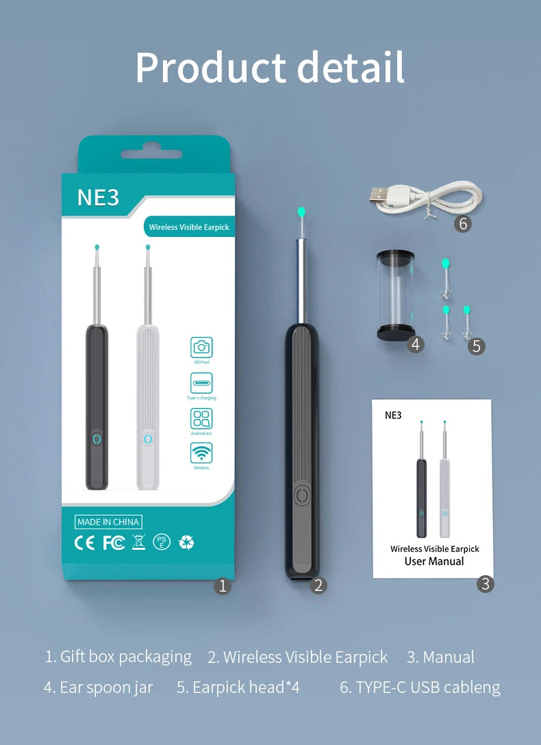 NE3 nettoyeur d'oreilles outil de retrait de cire d'oreille de haute précision avec caméra LED Otoscope sans fil Kit de nettoyage d'oreille intelligent meilleur cadeau