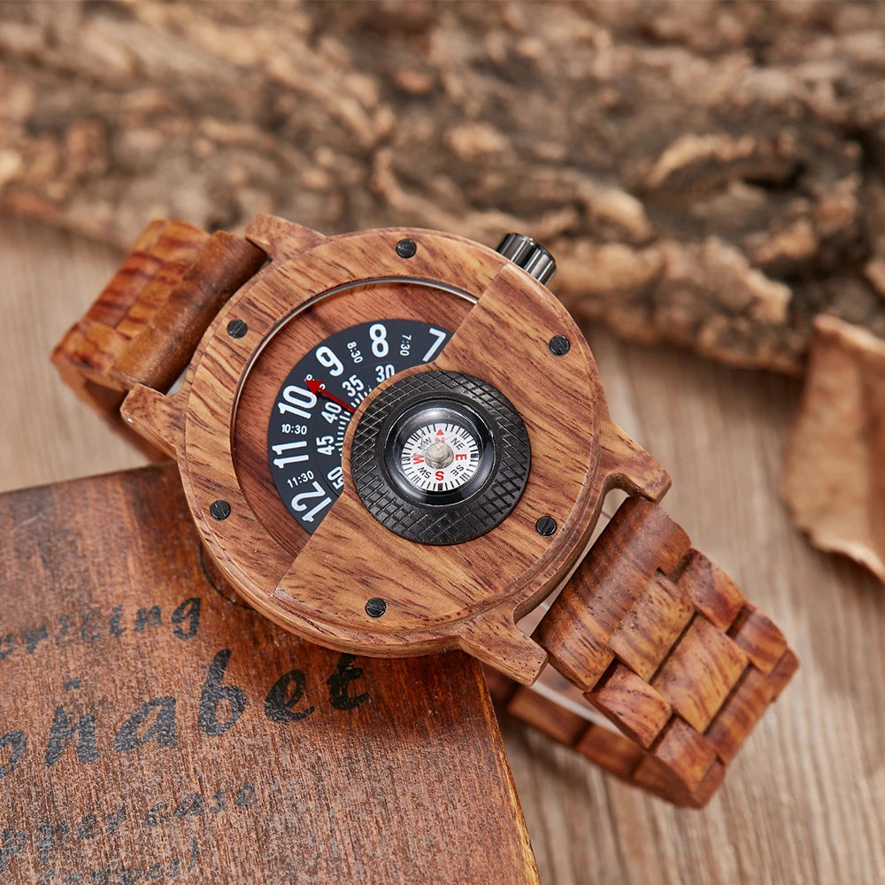 Montre en bois naturel pour hommes, Table rotative, cadran boussole, véritable bois de noyer, ébène, bambou, Concept marron, montre à Quartz