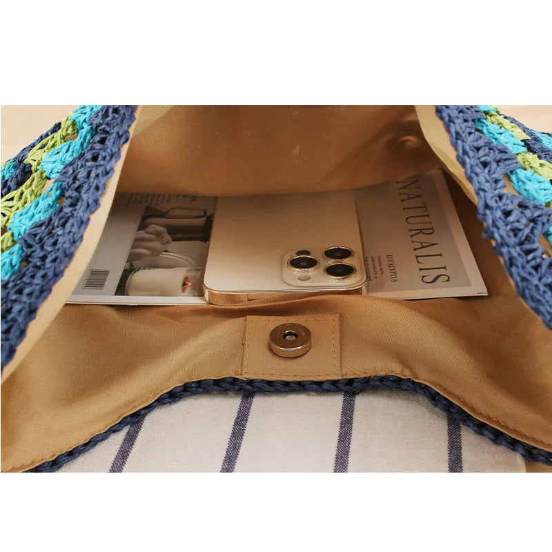 Sac à main d'été bohème tressé, fourre-tout décontracté, sac de plage en paille creuse, sac initié tissé, sac de voyage en raphia et rotin