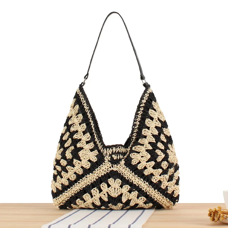 Sac à main d'été bohème tressé, fourre-tout décontracté, sac de plage en paille creuse, sac initié tissé, sac de voyage en raphia et rotin