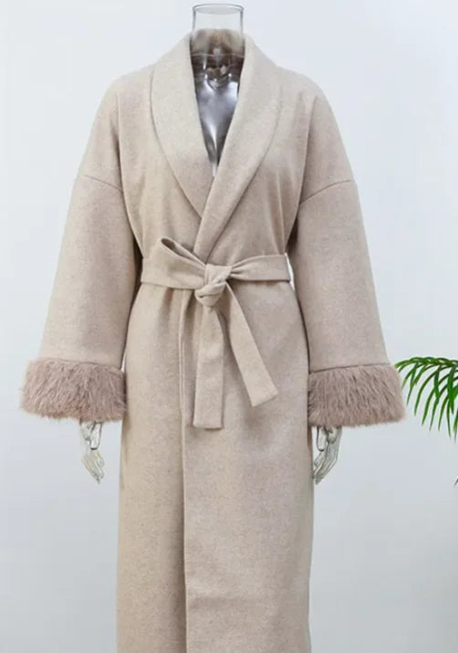 Manteau en laine pour femmes, Patchwork de fourrure solide, mode, manches longues, col en v, à lacets, pardessus Long ample, automne, bureau, vêtements d'extérieur pour dames