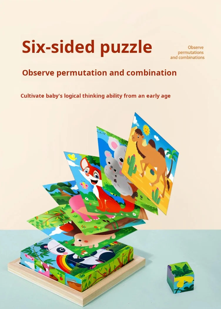 Puzzle en bois peint à Six côtés, blocs de construction tridimensionnels pour animaux de la circulation, jouet éducatif pour l'éducation précoce