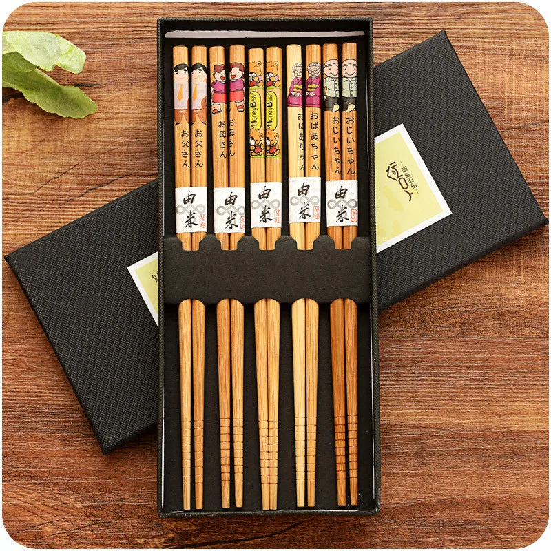 Ensemble de baguettes en bambou antidérapantes, 5 paires, vaisselle japonaise en bois naturel, nourriture pour Sushi, ensemble de baguettes longues multicolores pour la maison