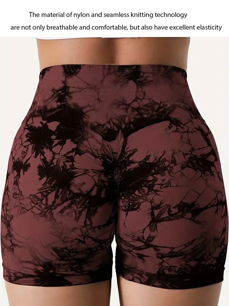 Women's 3-Piece High-Waisted Pleated Hip Lift Pants Tie-Dye Hip Lift Yoga Shorts