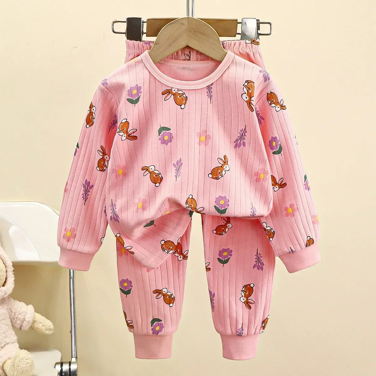 Pyjama chaud en pur coton pour enfants, garçons et filles, T-Shirt à manches longues + pantalon, dessin animé mignon, sous-vêtements d'automne pour bébés en bas âge