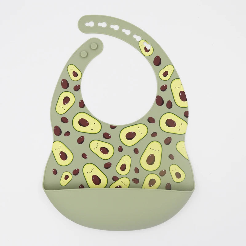 Nouveauté bavoirs en silicone pour bébé impression en silicone bavoir pour nouveau-né alimentation rot tissu avocat zoo tracteur impression vaisselle