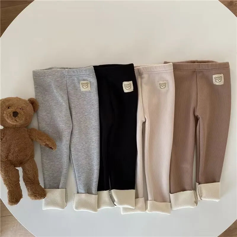 Girls' fleece-lined leggings, warm winter stretch pants with bear patch, soft pants for children aged 1-6 years
