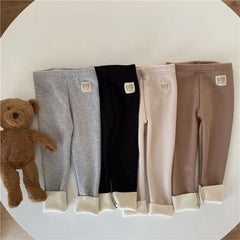 Girls' fleece-lined leggings, warm winter stretch pants with bear patch, soft pants for children aged 1-6 years