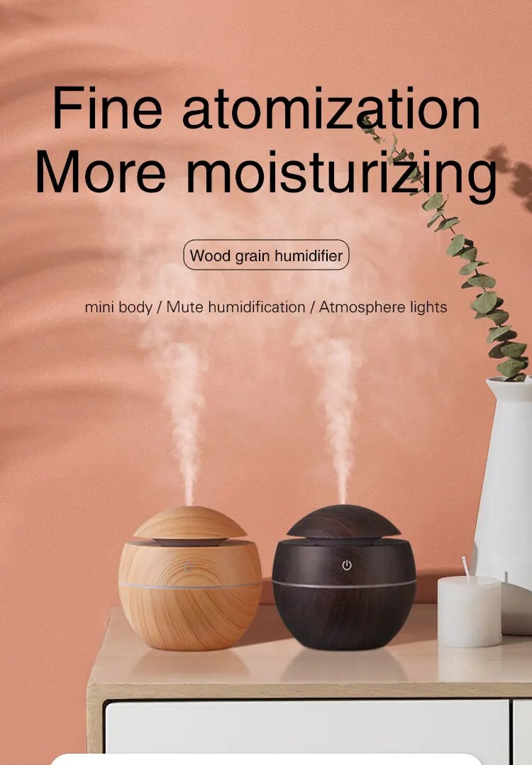 Humidificateur d'air ultrasonique USB, diffuseur d'arôme, Grain de bois, veilleuse LED, diffuseur d'huile essentielle électrique, aromathérapie pour la maison, 130ML